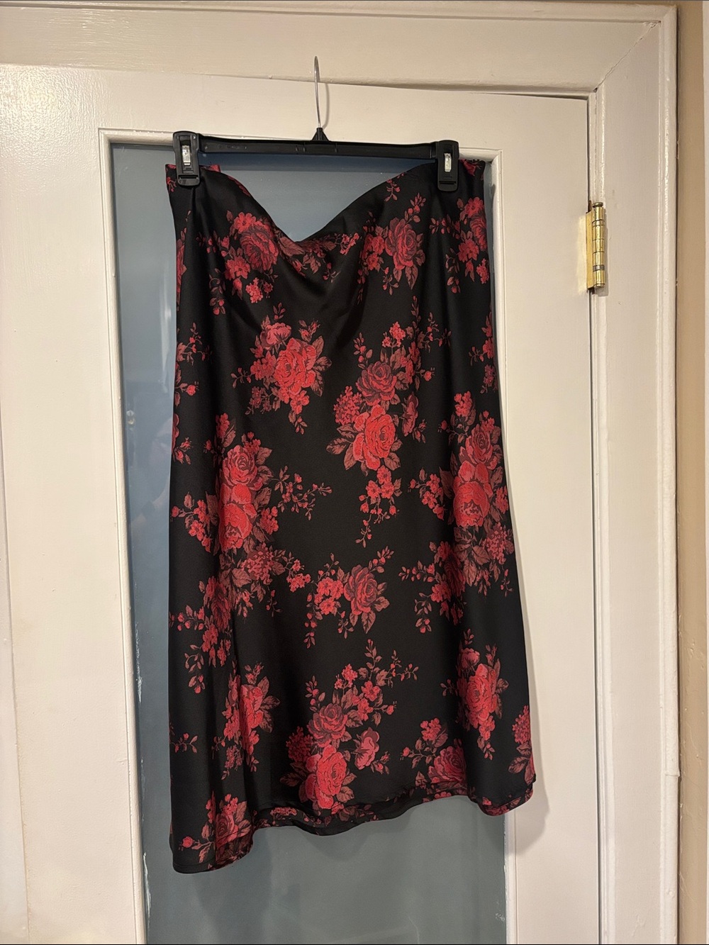 Forever 21 Black Midi Skirt with Red Floral Pattern